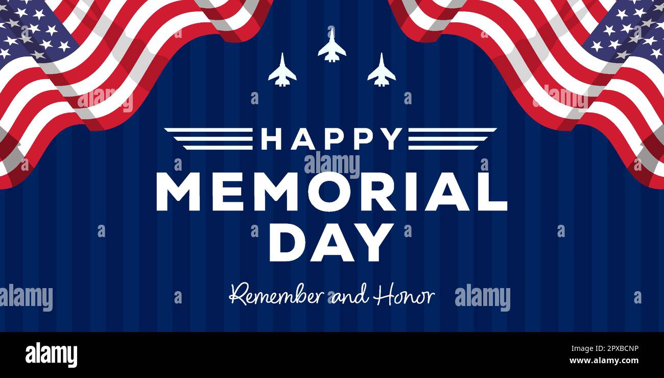 appartamento design felice memorial day con silhouette aereo e bandiere americane Illustrazione Vettoriale