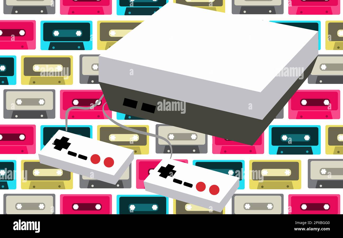 Vecchio bianco retro annata antico hipster console per videogiochi e due joystick degli anni '80, '90 su uno sfondo di diverse classi audio colorate Illustrazione Vettoriale