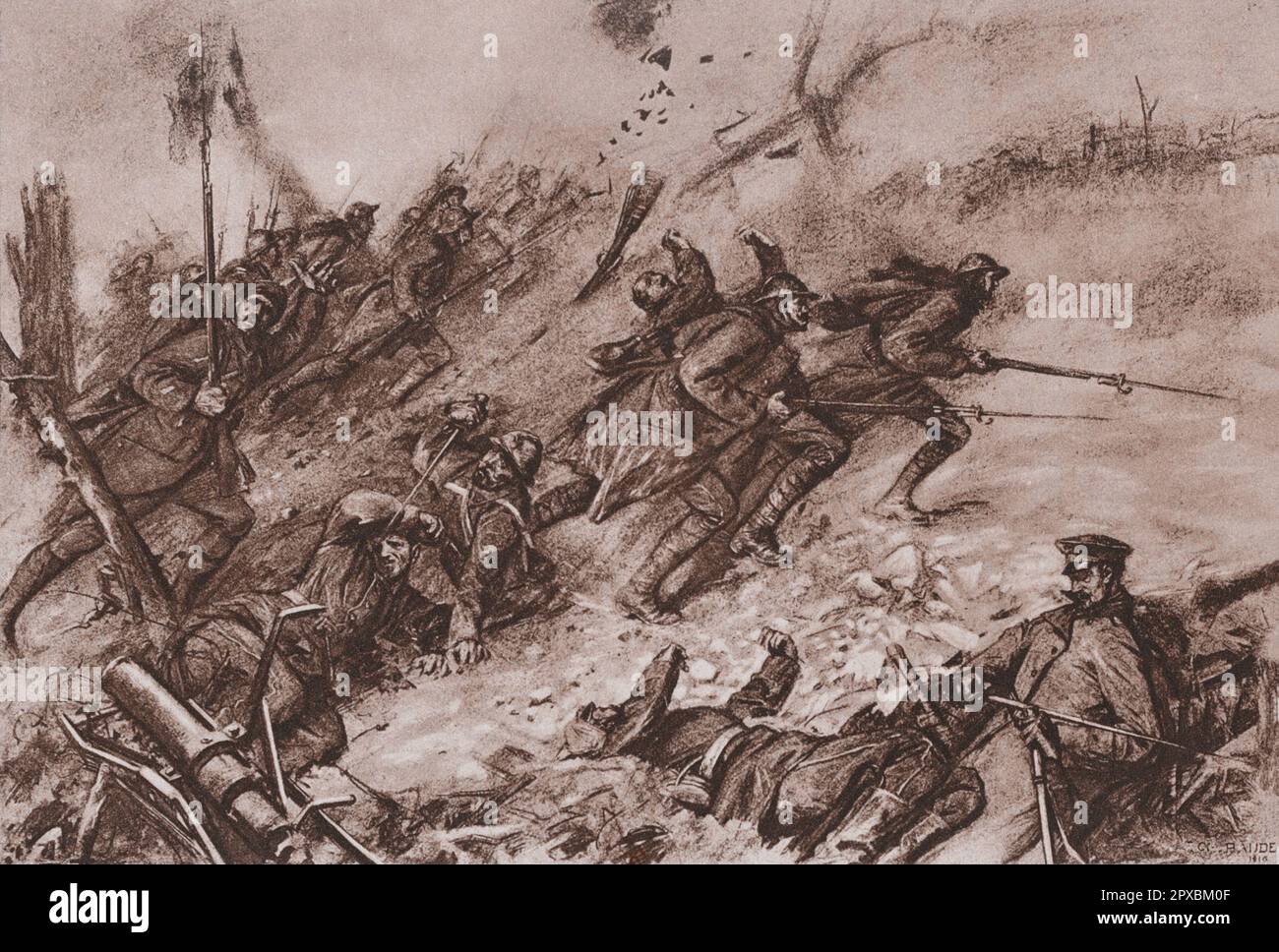 Cattura della cresta di Eparges. 1916. Di F.CH. Baude Les Éparges è un comune del dipartimento della Mosa di Grand Est nella Francia nord-orientale. Una cresta ad est del villaggio fu il luogo di una feroce battaglia durante la prima guerra mondiale, e ci sono molti monumenti commemorativi nella zona. Foto Stock
