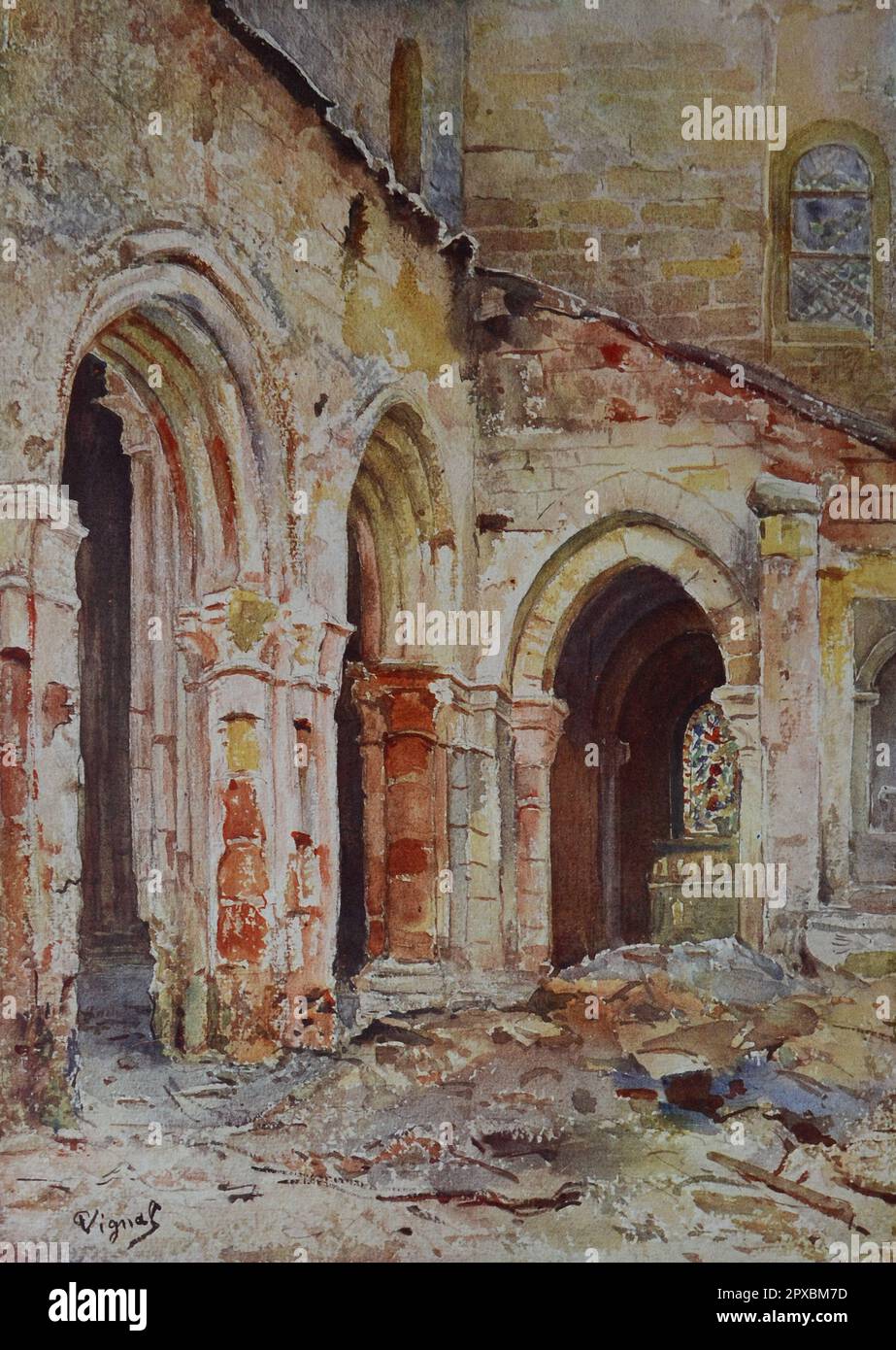 Prima guerra mondiale Guerra e cultura. La chiesa di Sermaize. 1914. Di P. Vignal Sermaize è un comune del dipartimento dell'Oise nel nord della Francia. Foto Stock