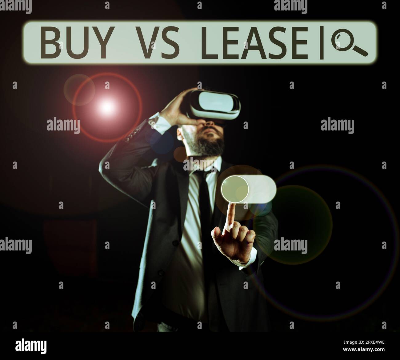 Visualizzazione concettuale Acquista vs Lease, Panoramica aziendale possedere qualcosa contro prendere in prestito vantaggi svantaggi Foto Stock