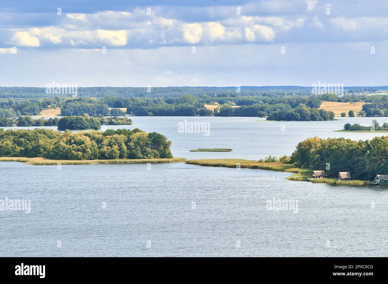 Vista di Cracovia am See. Laghi paesaggio con fitte foreste sulla riva. Località di villeggiatura in germania. Foto natura Foto Stock