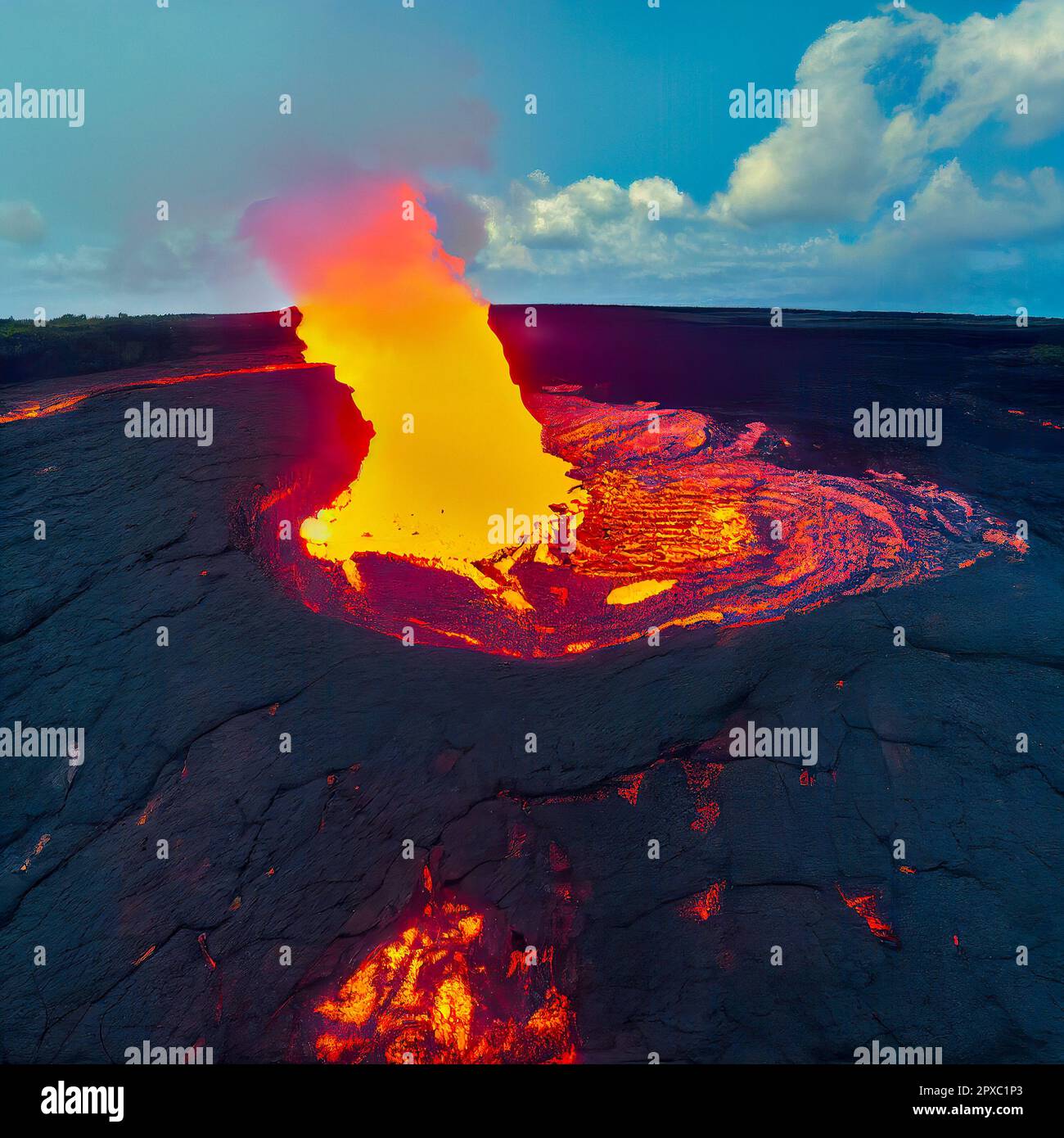 Paesaggio vulcanico con lava bollente e roccia ignea solidificata Foto Stock