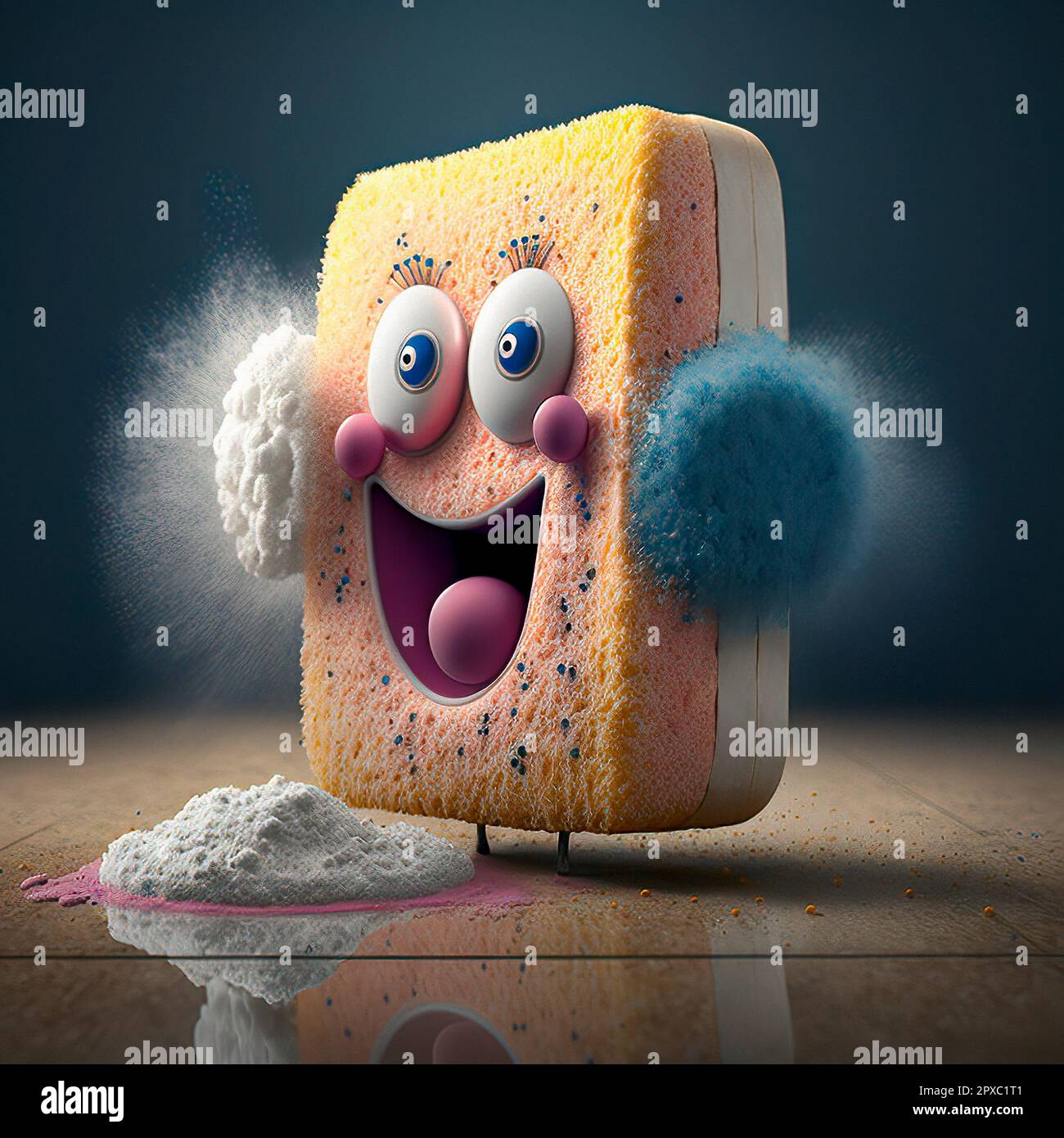 Un personaggio gioioso Sponge con una sostanza polverosa davanti ad esso, trasuda un senso di giocosità e pulizia Foto Stock