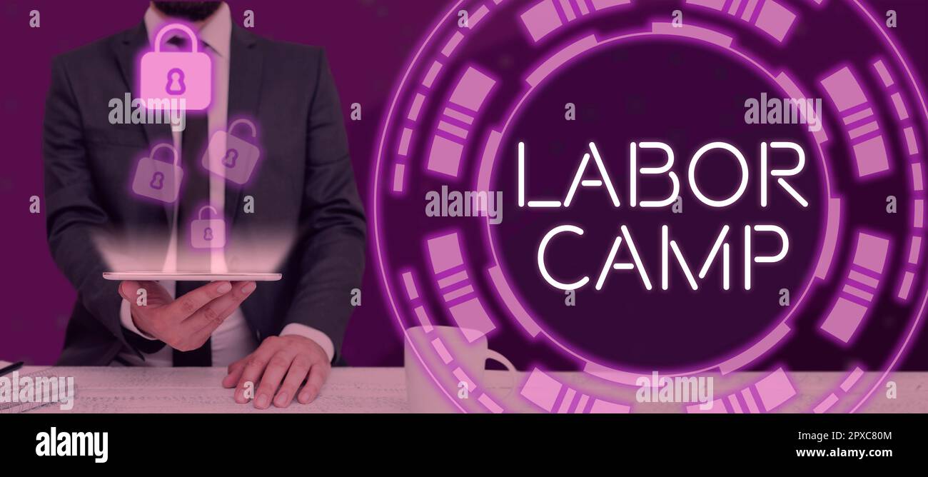 Scrittura di testo Labor Camp, Word per una colonia penale in cui viene eseguito il lavoro forzato Foto Stock