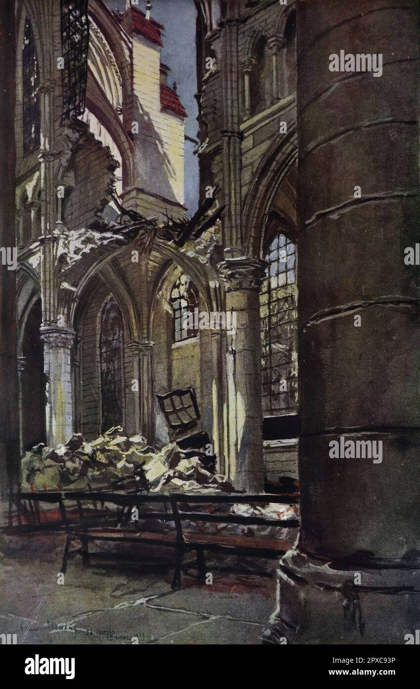 Prima guerra mondiale Guerra e cultura. Interno della Cattedrale di Soissons. Di Francois Flameng Foto Stock