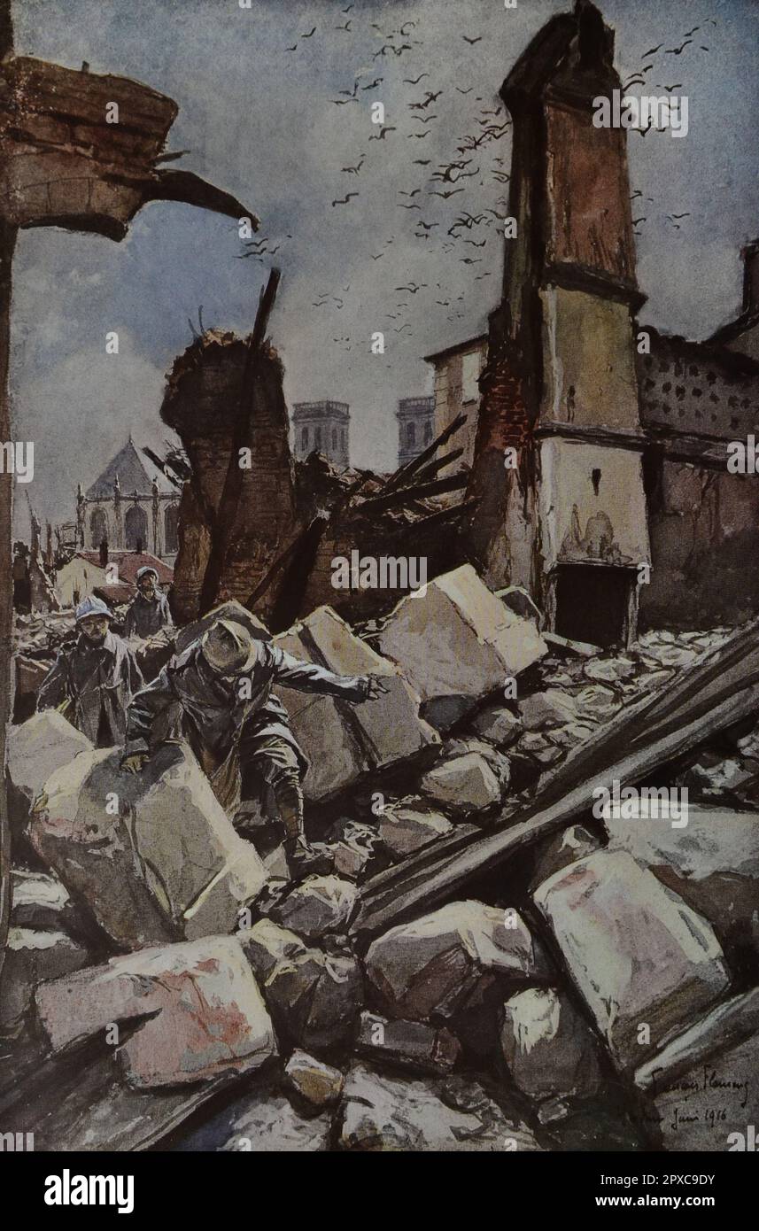 Prima guerra mondiale Sui vecchi bastioni di Verdun (sullo sfondo, la Cattedrale). 1916. Di Francois Flameng Foto Stock