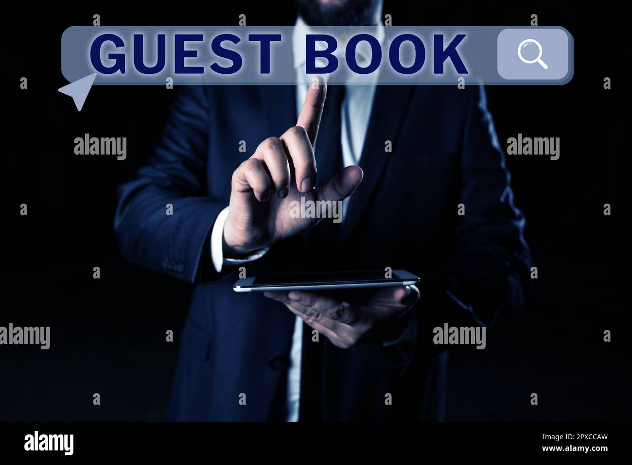Visualizzazione concettuale Libro d'ospite, Business Overview mezzi elettronici per un visitatore di riconoscere una visita a un sito Foto Stock