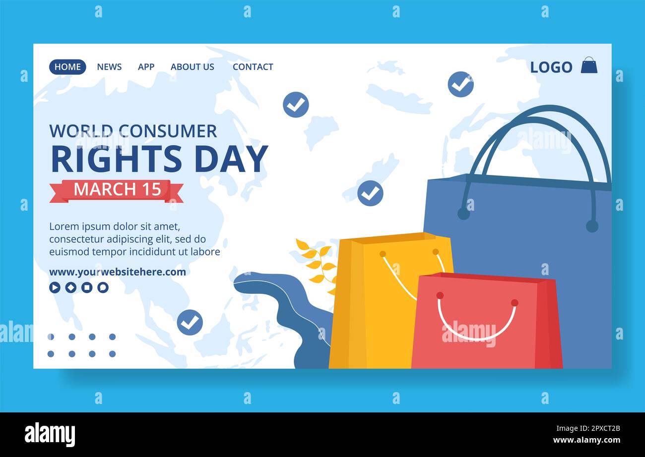 World Consumer Rights Day Social Media Landing Page Flat Cartoon modelli disegnati a mano Illustrazione Foto Stock