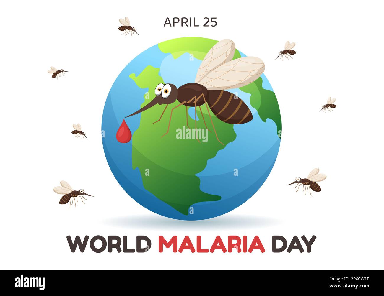 Giornata Mondiale della malaria il 25 aprile Illustrazione con la Terra protetta dalle zanzare in Cartoon piano disegnata a mano per banner Web o modelli di landing page Foto Stock