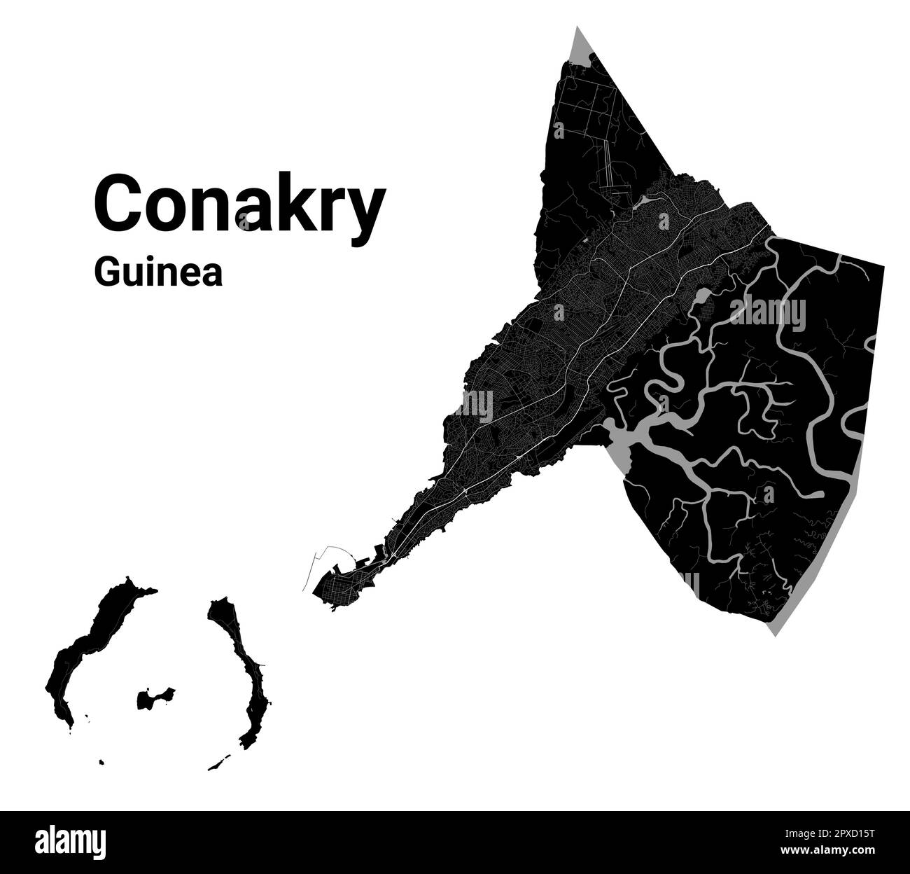 Conakry, Guinea mappa. Mappa nera dettagliata dell'area amministrativa della città di Conakry. Poster sulla città con vista metropolitana sull'aria. Terra nera con strade bianche e. Illustrazione Vettoriale