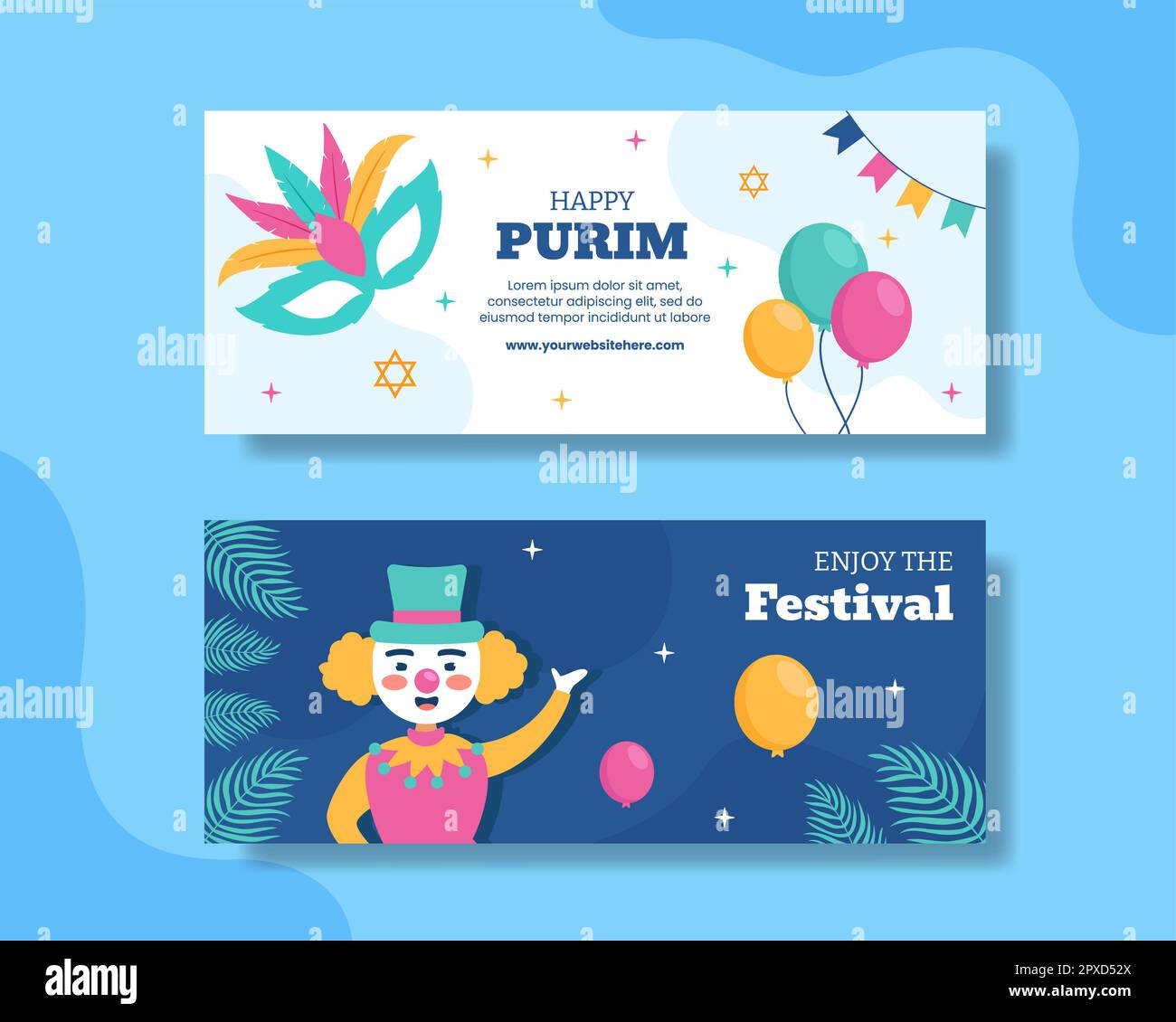 Happy Purim Day Banner orizzontale Cartoon modelli disegnati a mano Illustrazione Foto Stock