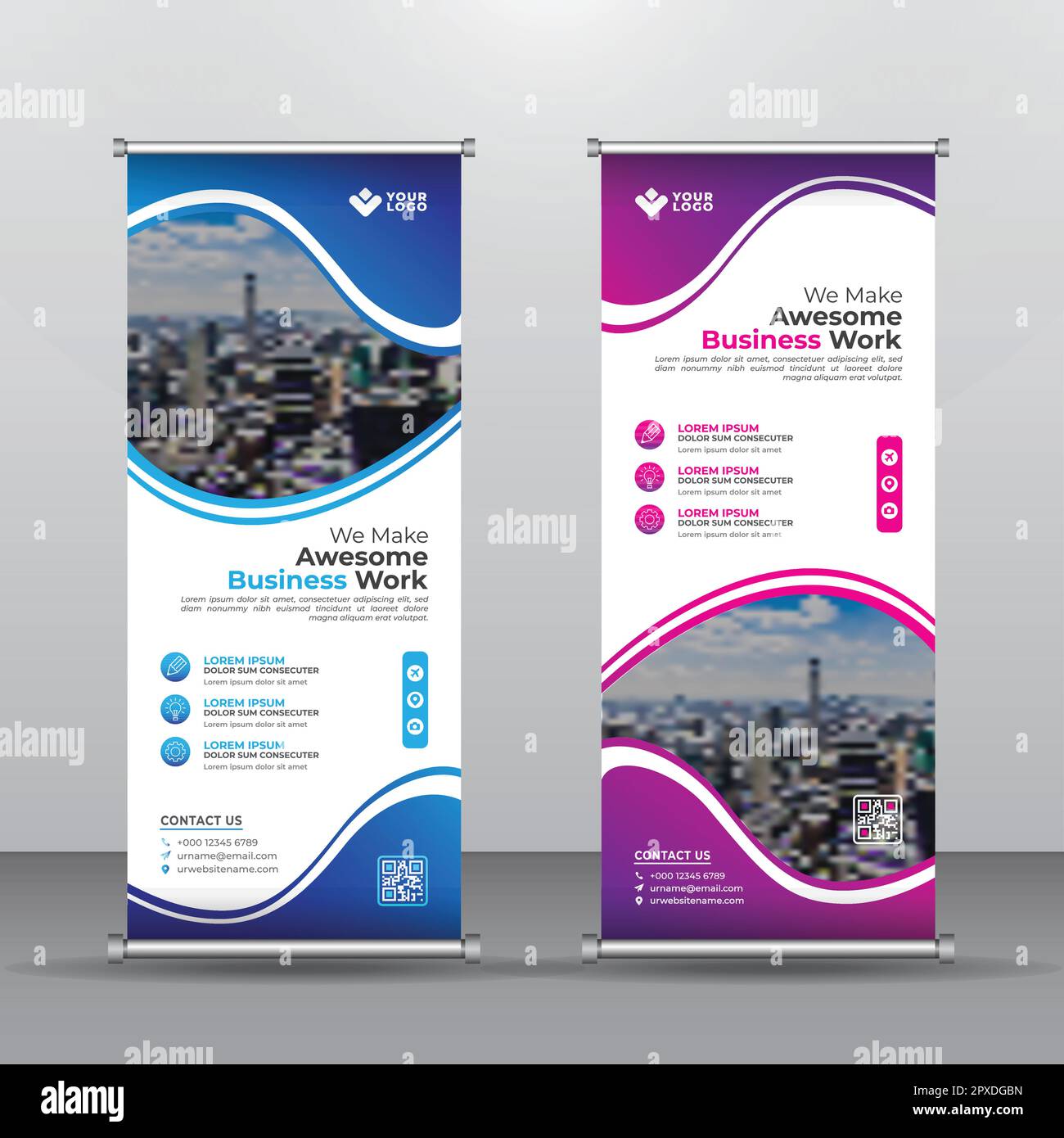 Modello verticale per la progettazione di banner aziendali avvoltabili. vettore, sfondo geometrico astratto, x-banner e flag-banner moderni, dimensioni rettangolo. Illustrazione Vettoriale