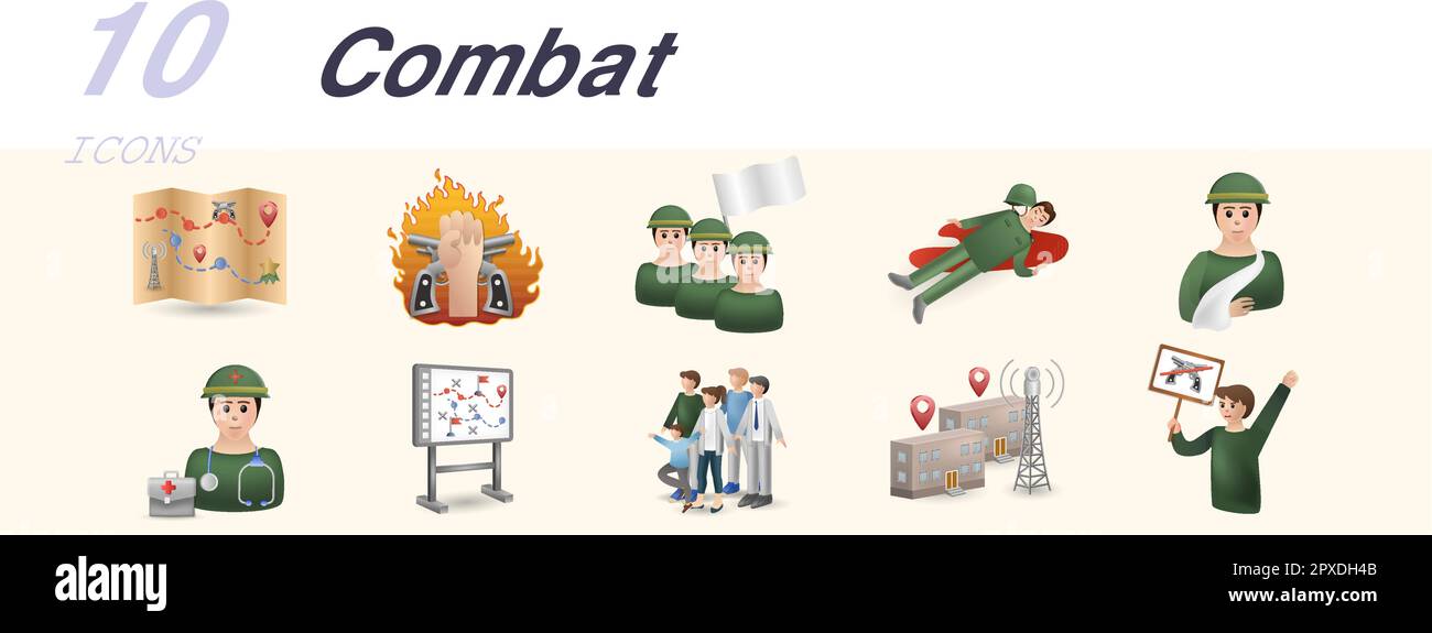 Set da combattimento. Icone creative: Mappa di battaglia, offensiva, ritiro, soldato morto, soldato ferito, medico dell'esercito, strategia di battaglia, civili, strategico Illustrazione Vettoriale