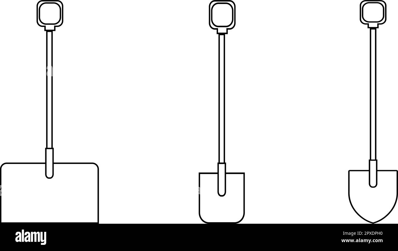 Un set di tre icone bianche e nere di costruzione di pale da neve agro-bella, pale a baionetta con manici in legno per scavare il terreno. Strumento da giardino Illustrazione Vettoriale