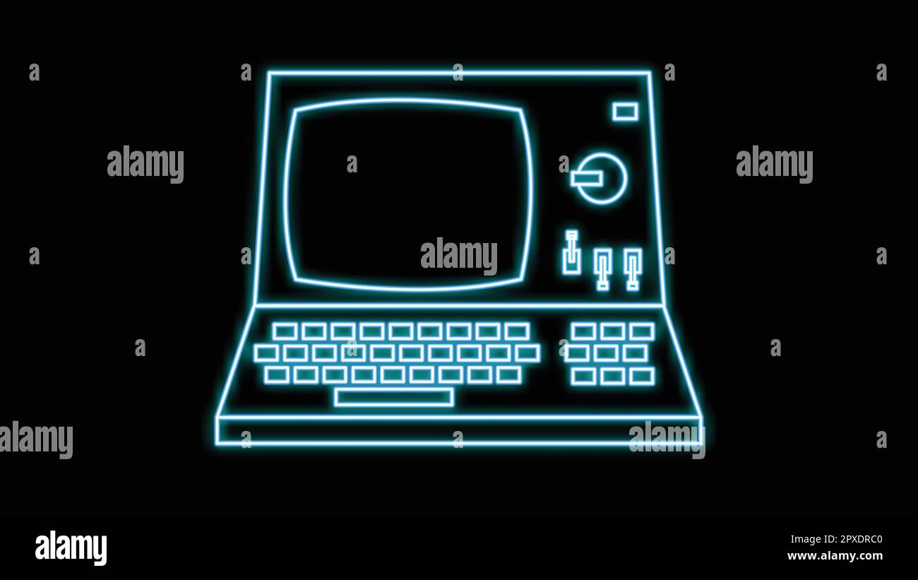 Personal computer al neon blu con monitor, pc vecchio retro hipster vintage dal 70s, 80s, 90s su sfondo nero. Illustrazione vettoriale. Illustrazione Vettoriale