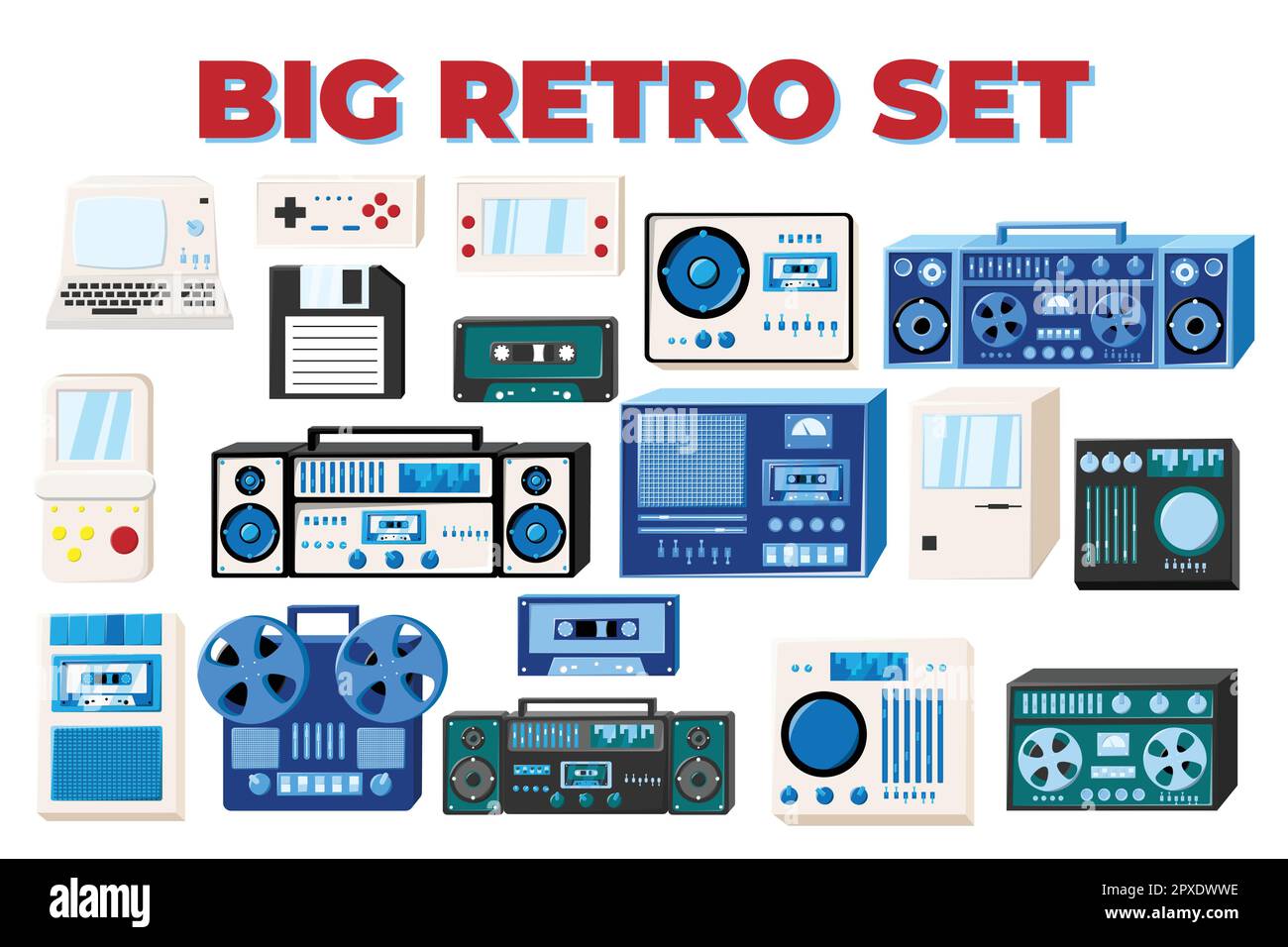 Set di vecchia elettronica tecnica isometrica retrò vintage: Registratore a cassette audio, computer, console di gioco per videogiochi degli anni '70s, '80s, '90s. Vect Illustrazione Vettoriale