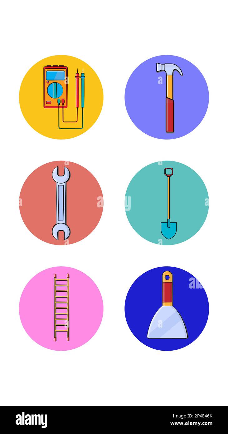 Un set di sei icone rotonde per l'attuale con diversi utensili da costruzione per la riparazione di una chiave a martello tester spatola stucco a scala su una merda Illustrazione Vettoriale