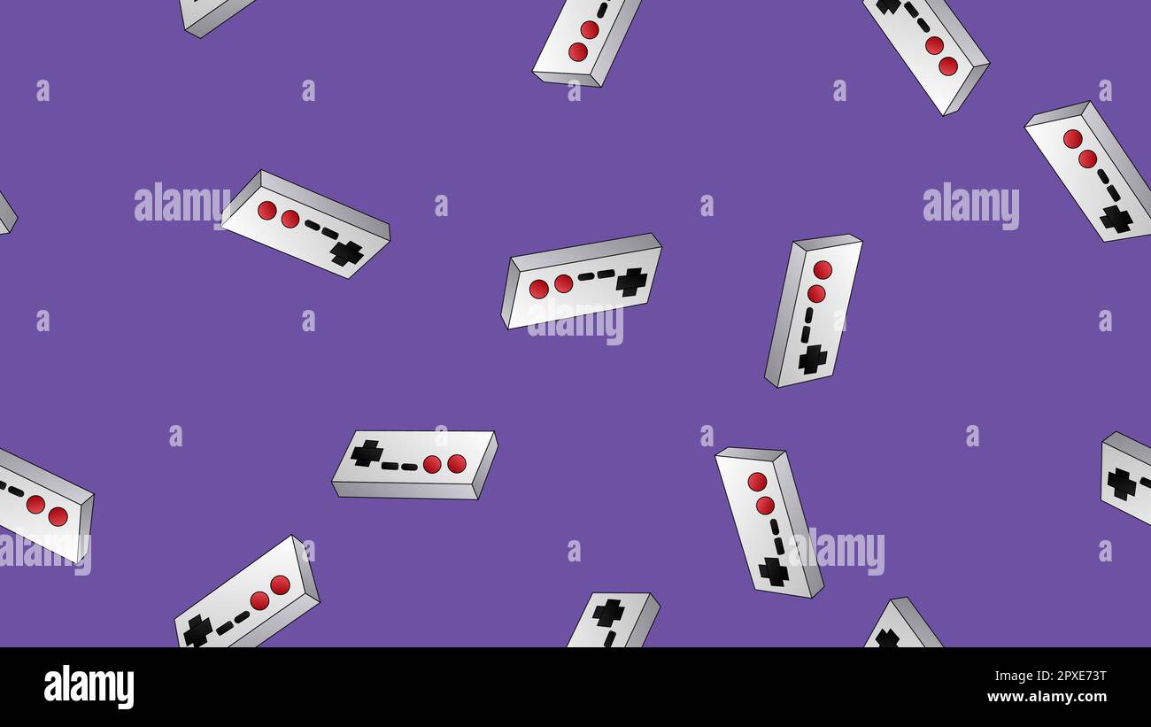 Modello senza cuciture di vecchie console di gioco hipster retrò e la texture joystick da 70s, 80s, 90s, 2000s su uno sfondo viola. Illustrazione Vettoriale