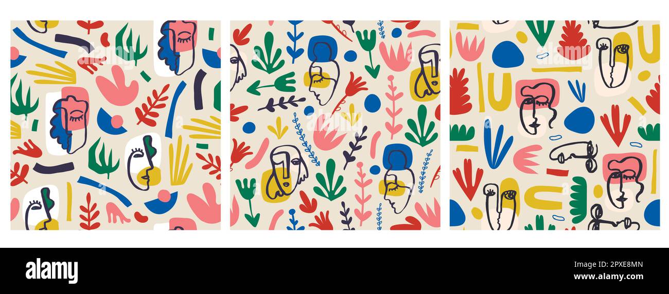 Set vettoriale di ripetizioni senza giunture. Collage forme ritagliate, fiori e facce cubiste disegnate a mano. Illustrazione Vettoriale