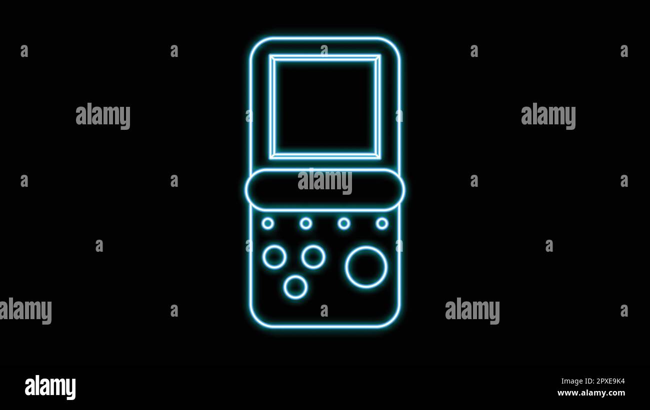 Console di gioco portatile al neon blu, per videogiochi con pulsanti e schermo vecchio retrò hipster vintage dal 70s, 80s, 90s su sfondo nero. VEC Illustrazione Vettoriale