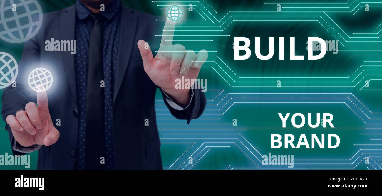 Segno di testo che mostra Build Your Brand, Word for Make a commercial Identity Marketing Advertisement Foto Stock