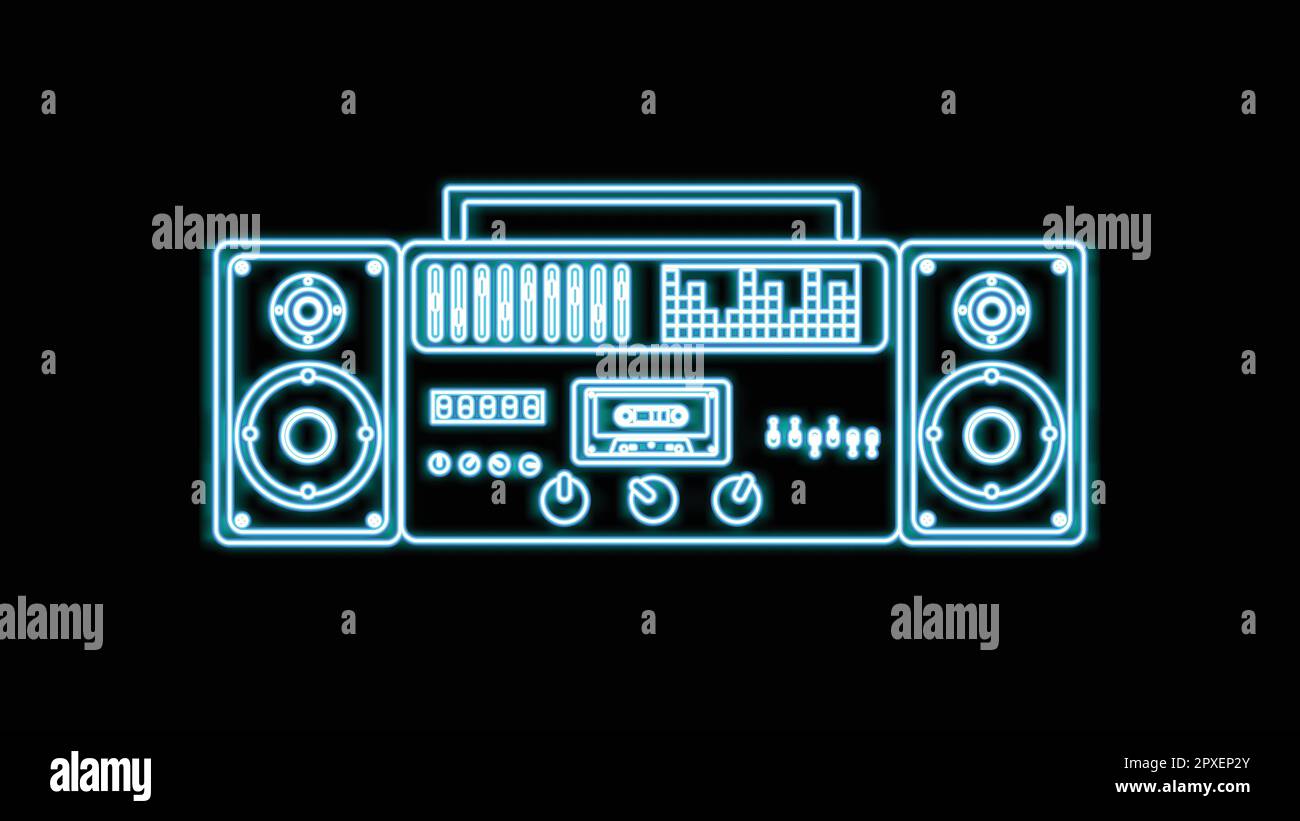 Registratore di cassette audio al neon blu vecchio retrò hipster vintage dal 70s, 80s, 90s su sfondo nero. Illustrazione vettoriale. Illustrazione Vettoriale