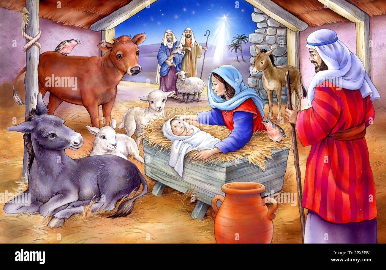 Natale-Natività Maria Giuseppe e Gesù bambino in stalla Foto Stock