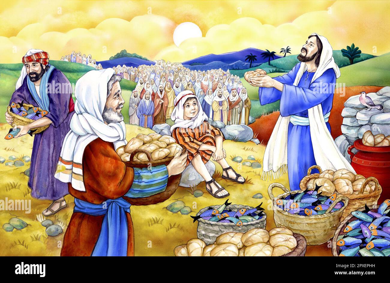 Storie generali-bibliche Gesù nutrire le masse di pesce e pane Foto Stock