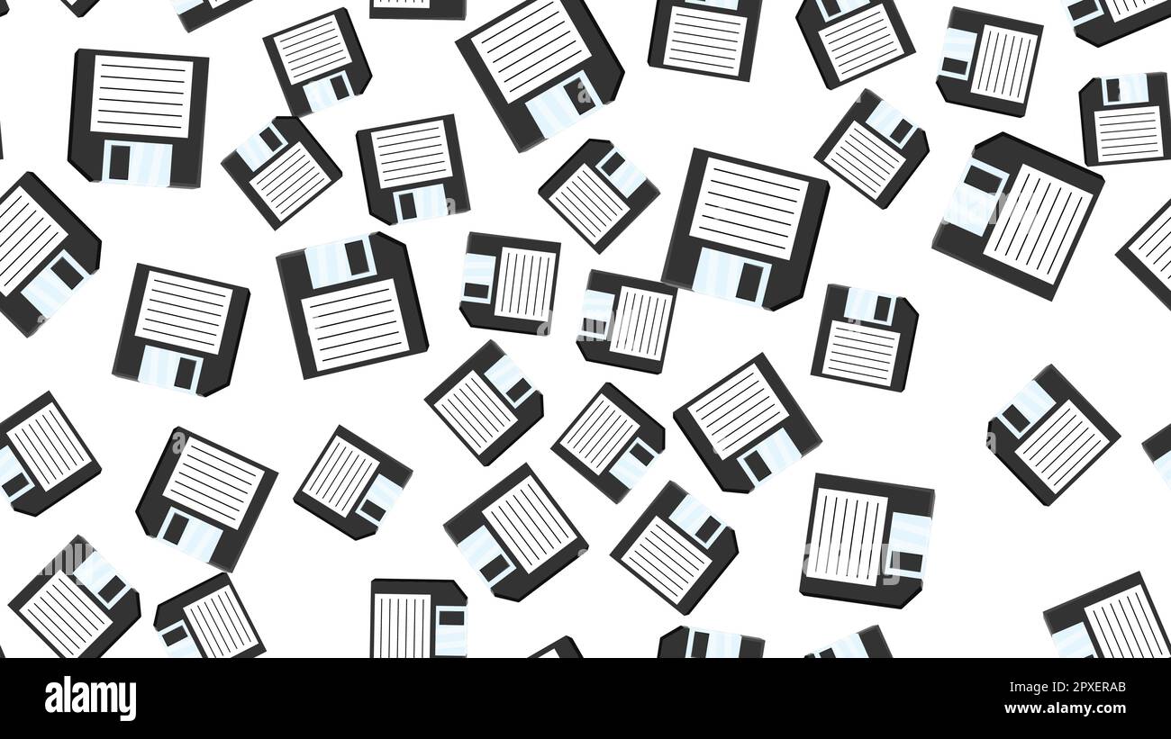 Computer senza cuciture senza fine con vecchi dischi floppy retrò bianco hipster da 70s, 80s, 90s isolato su sfondo bianco. Vettore illustrati Illustrazione Vettoriale