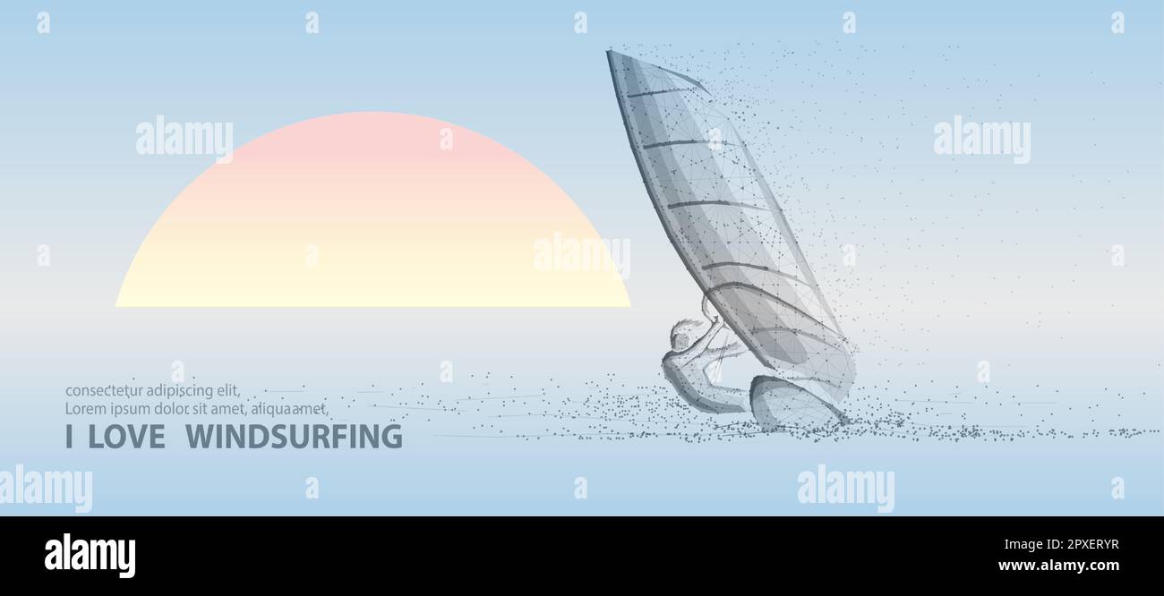 Windsurf. Uomo a vela surf sul mare. Sport estremi, vela windsurf, vacanza sull'oceano, avventura all'aperto, riposo divertente, velocità e. Illustrazione Vettoriale