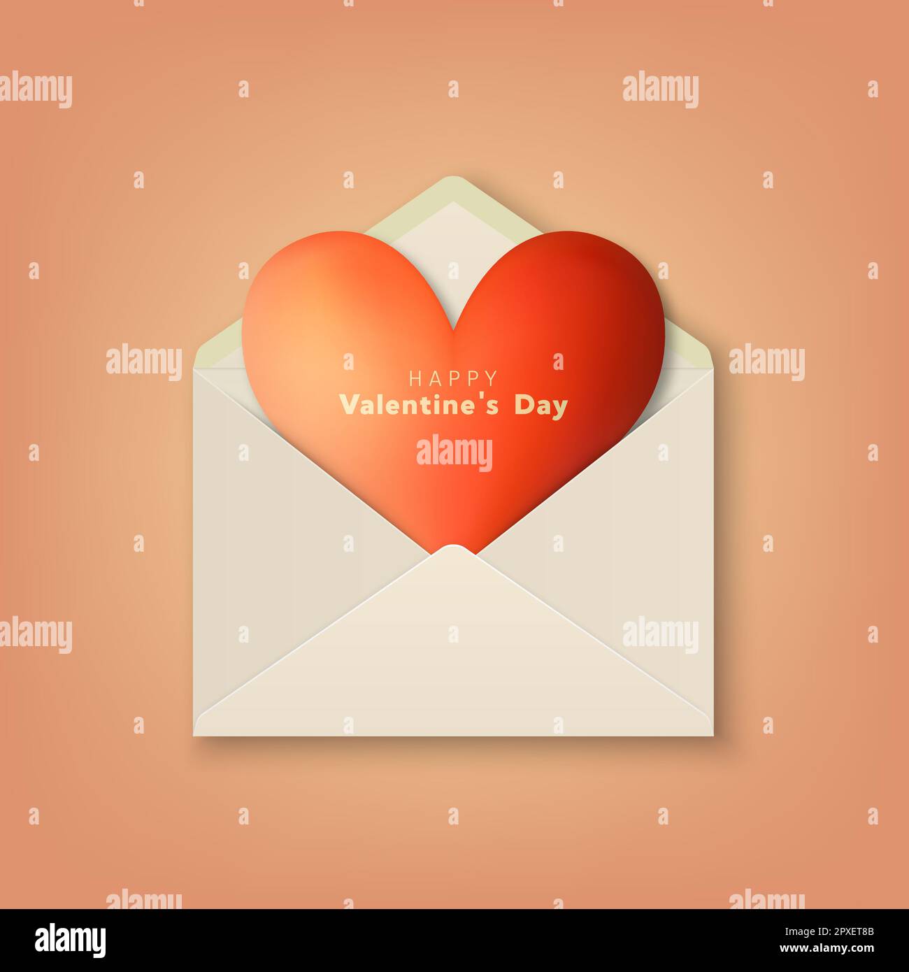 Vector 3D busta bianca aperta realistica con cuore rosso isolato al chiuso. Busta con foglio di carta a forma di cuore. Invito, messaggio, lettera T. Foto Stock