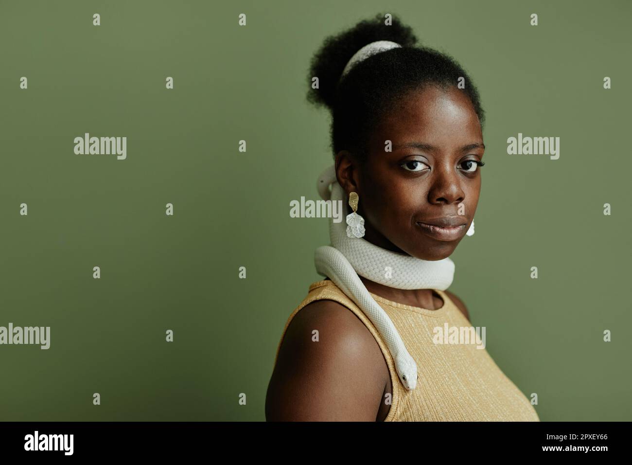 Giovane afroamericana bella donna con capelli bun e serpente che avvolgono il collo guardando la macchina fotografica mentre si trova su sfondo verde Foto Stock