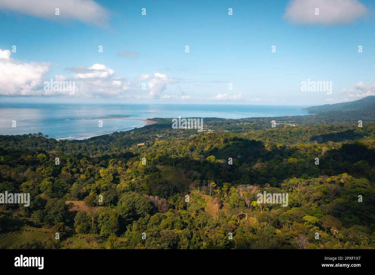 Vista aerea di un paesaggio mozzafiato in Costa Rica, Colombia, con lussureggianti alberi verdi e colline ondulate Foto Stock