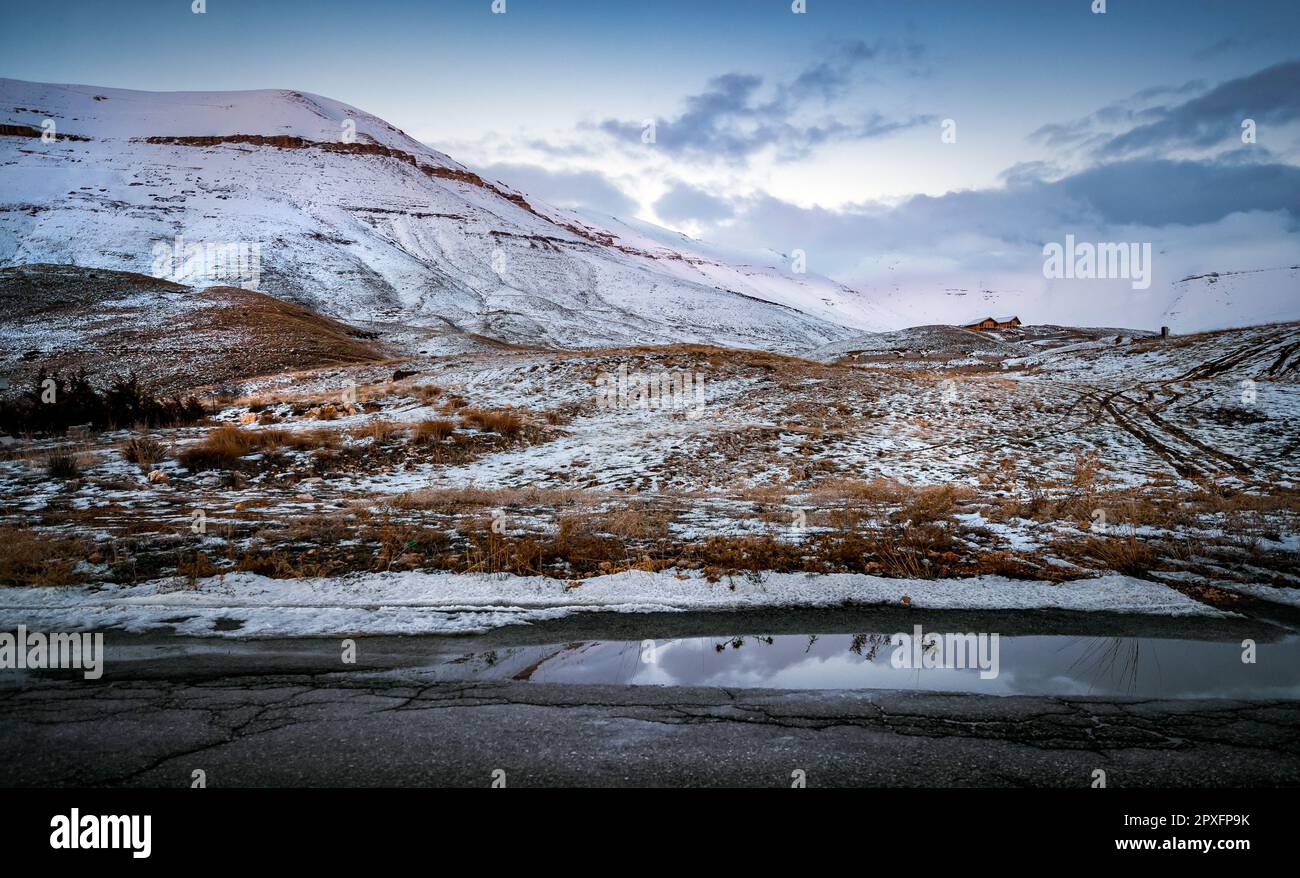 Splendido paesaggio di un'alta montagna coperta di neve. Splendida vista invernale. Stazione sciistica. Splendida natura selvaggia del Libano. Foto Stock