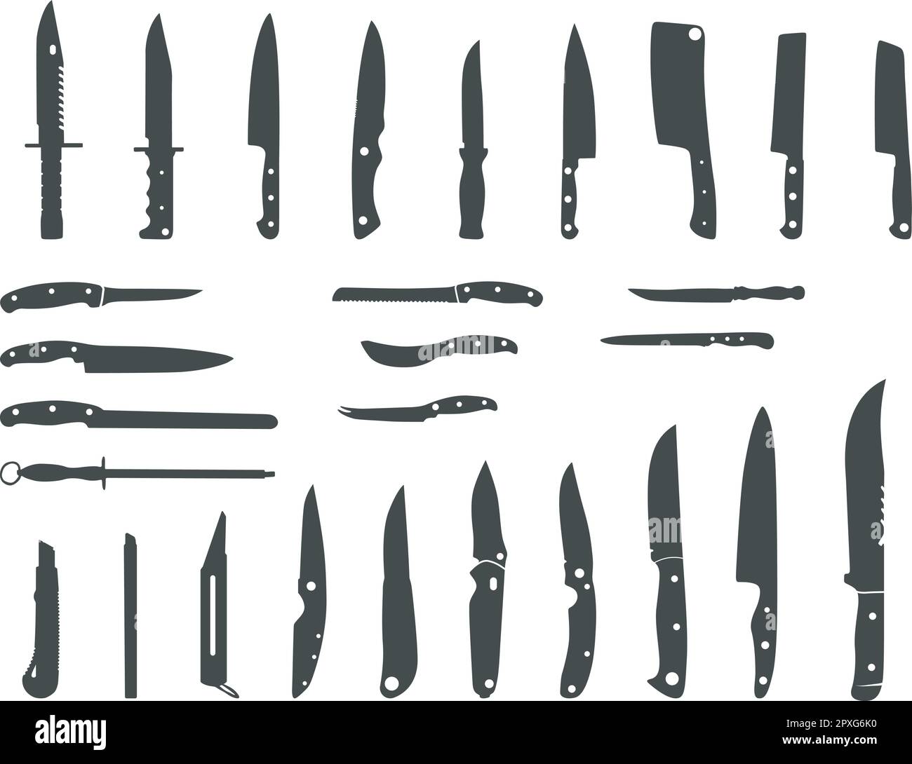 Silhouette a coltello, set di coltelli per il taglio della carne, silhouette a coltello da cucina Illustrazione Vettoriale