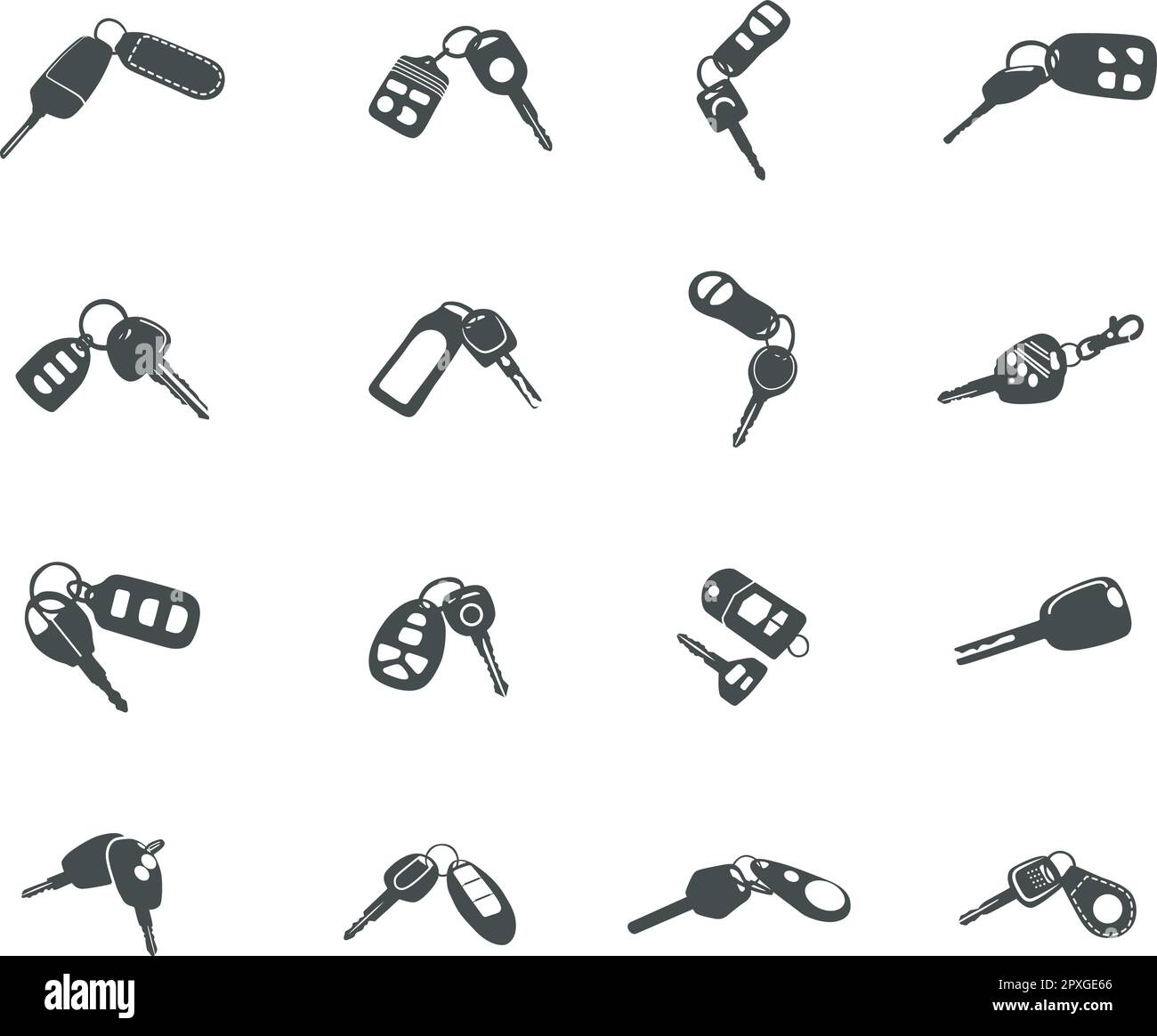 Silhouette delle chiavi dell'auto, chiavi del veicolo, silhouette delle chiavi del veicolo. Illustrazione Vettoriale
