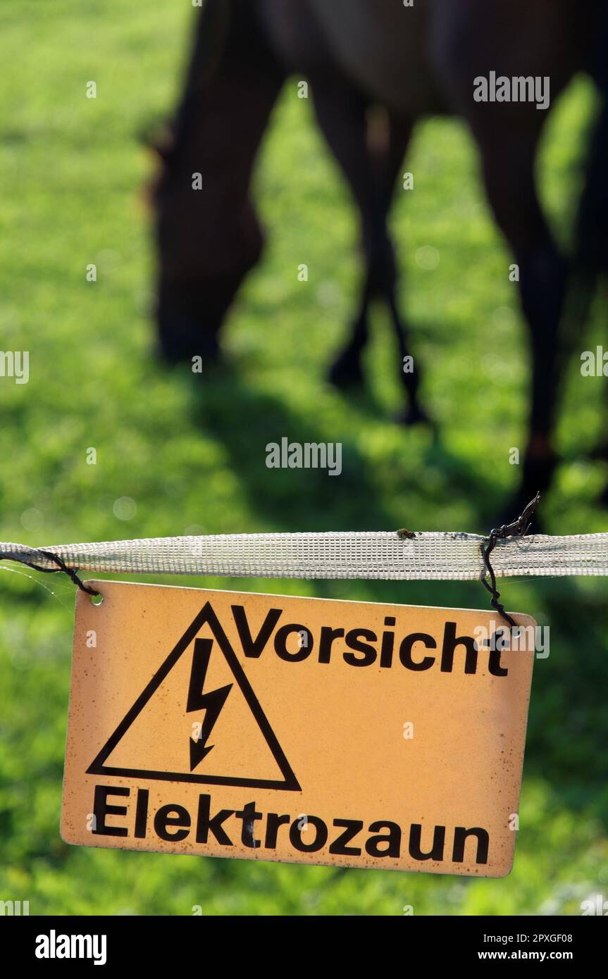 Un'immagine verticale di un cartello che avverte della presenza di recinzioni elettriche ('Vorsicht Elektrozaun') Foto Stock