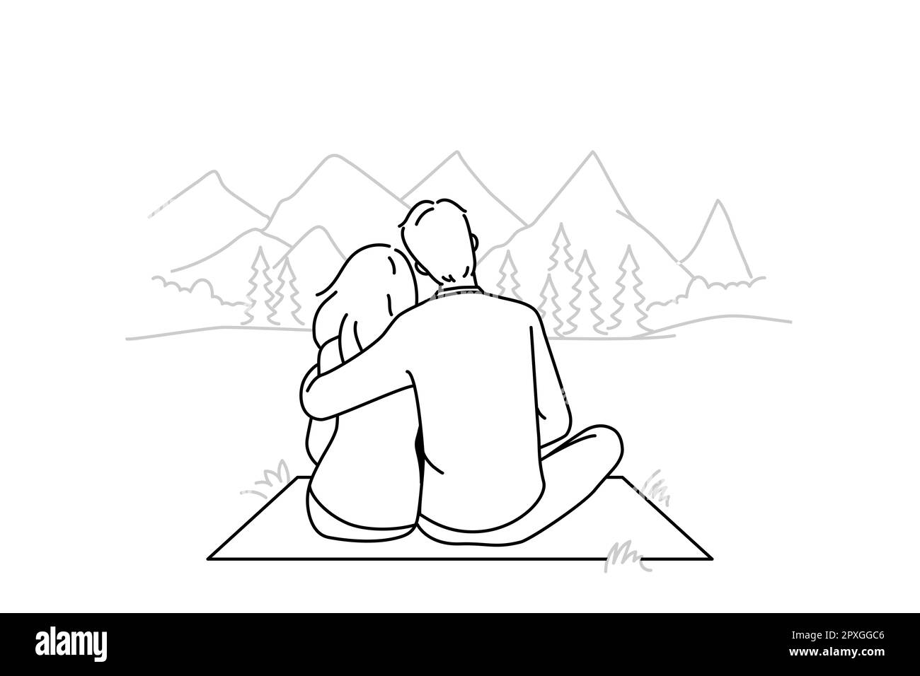 Coppia felice seduta in montagna godendo di un weekend rilassante insieme. Uomo e donna abbracciano la natura selvaggia all'aperto. Illustrazione vettoriale. Foto Stock