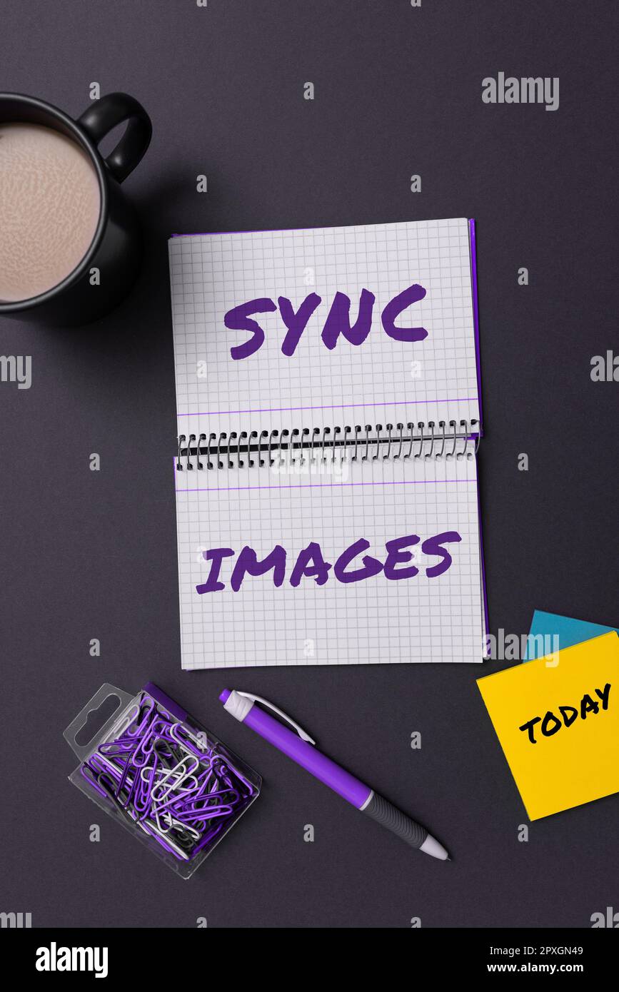 Testo che mostra Inspiration Sync Images, Panoramica aziendale rendere le foto identiche in tutti i dispositivi accessibili ovunque Foto Stock