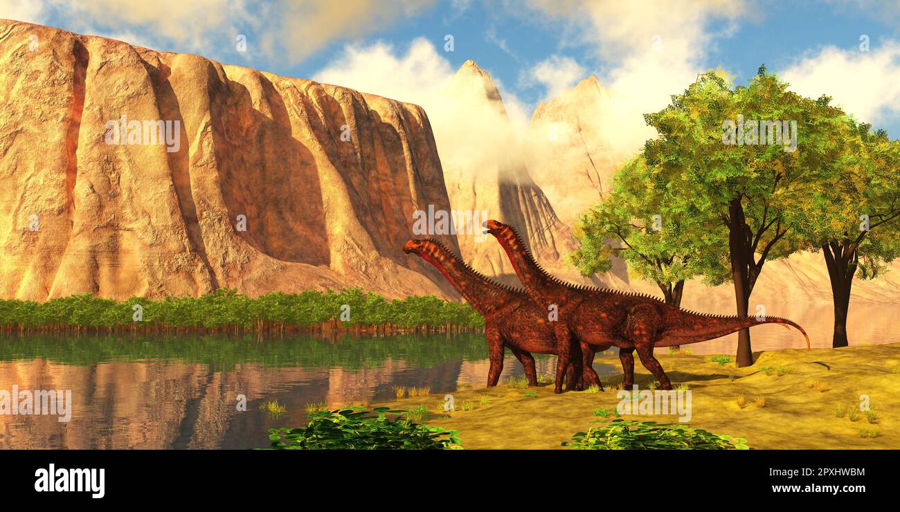 Un massiccio altopiano si affaccia su una valle lussureggiante piena di vegetazione e due Mierasaurus sauropod dinosaurs. Foto Stock