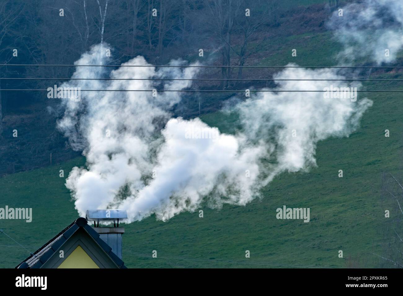 fumo di legno denso dal camino sul tetto Foto Stock