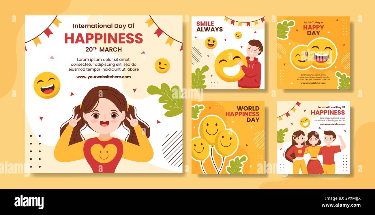 World Happiness Day Social Media Post con volto sorridente piano Cartoon modelli disegnati a mano Illustrazione Foto Stock