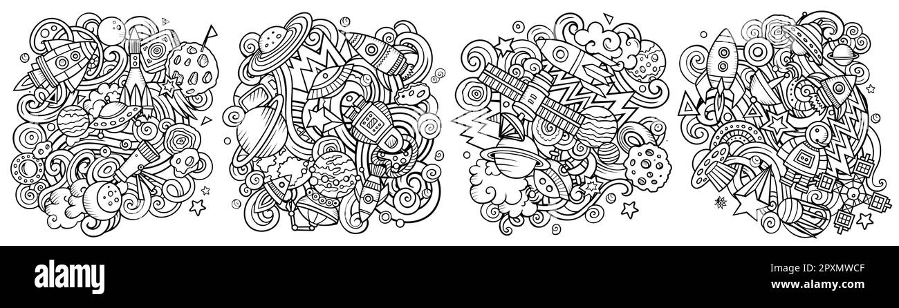 Set di disegni vettoriali di doodle per cartoni animati spaziali. Composizioni dettagliate e abbozzate con molti oggetti e simboli cosmici. Illustrazione Vettoriale