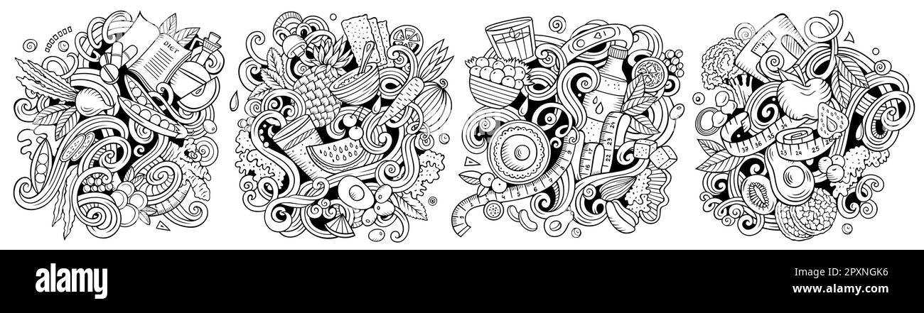 Dieta cibo cartone animato vettore doodle disegni set. Composizioni dettagliate e abbozzate con molti oggetti e simboli dietetici. Illustrazione Vettoriale