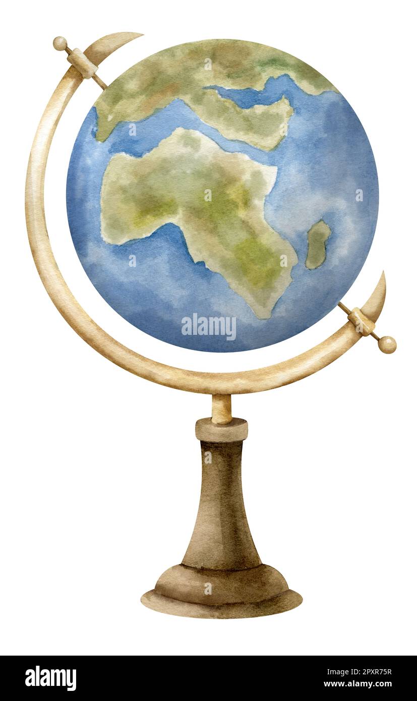 Globo acquerello. Illustrazione disegnata a mano di un modello vintage di terra su stand in legno su sfondo bianco isolato. Disegno di una mappa retrò di colore blu per la scienza o l'educazione. Schizzo per icona o logo. Foto Stock