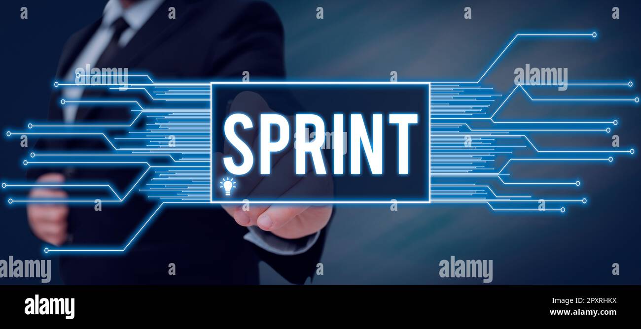 Segnale che mostra Sprint, Word per muoversi alla massima velocità, specialmente per una breve distanza. periodo di sviluppo del prodotto Foto Stock