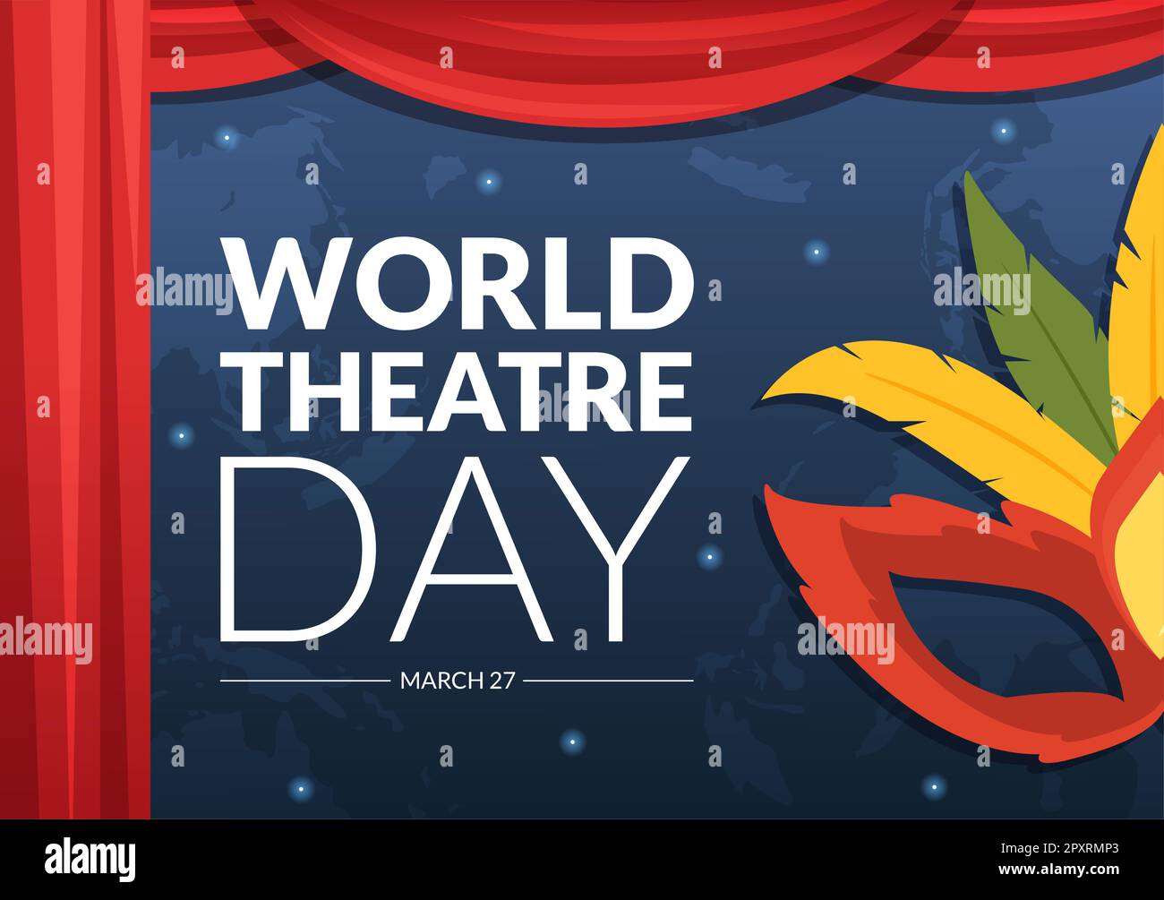 World Theatre Day il 27 marzo Illustrazione con maschere e per celebrare il teatro per banner Web o landing page in Cartoon piano modelli disegnati a mano Foto Stock