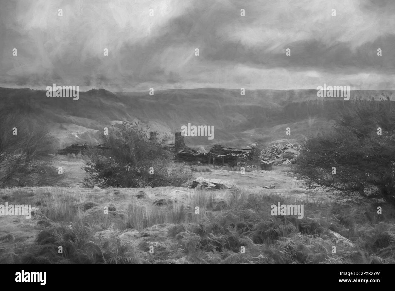 Pittura digitale della cava di ardesia abbandonata di Rhos a Capel Curig, sotto Moel Siabod nel Parco Nazionale di Snowdonia, Galles Foto Stock