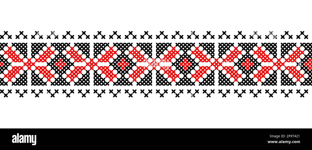 Ornamento vettoriale ucraino, confine senza giunture. Popolare ucraino, ricamo geometrico etnico. Ornamento nei colori rosso e nero. Pixel art, vyshyvanka Illustrazione Vettoriale